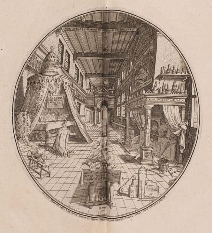 Heinrich Khunrath: Amphitheatrum Sapientiae Aeternae, 1653, Kupferstich „Oratorium-Laboratorium“. Foto: HAB
