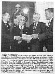 1994 der Artikel zur Gründung auf der Titelseite der Braunschweiger Zeitung. Foto: STIFTUNG NORD/LB • ÖFFENTLICHE