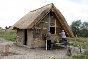 Mit Lehm und Kuhdung verputzen Ehrenamtliche das mittelalterliche Grubenhaus am Petersteich. Foto: Landkreis Helmstedt