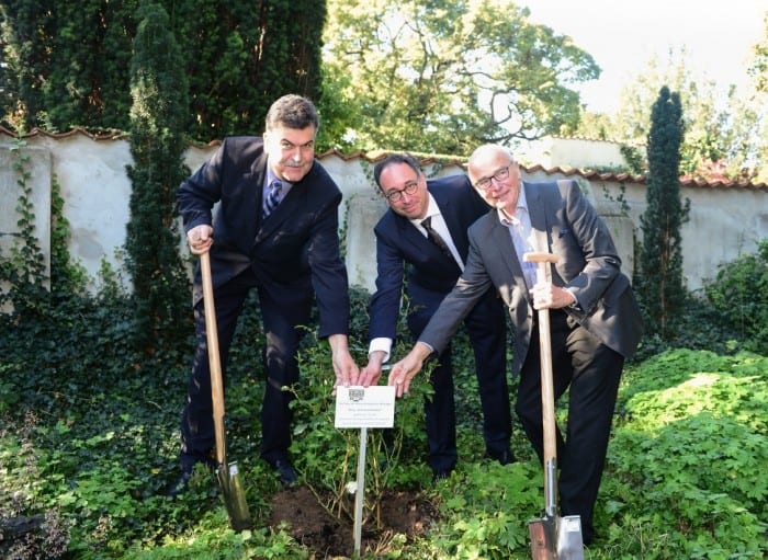 Axel Richter (Geschäftsführer Die Braunschweigische Stiftung), Tobias Henkel (Direktor Stiftung Braunschweigischer Kulturbesitz), Ulrich E. Deissner (Vorstandsvorsitzender Bürgerstiftung Braunschweig) pflanzen aus Anlass des zehnjährigen Bestehens des Hauses der Braunschweigischen Stiftungen eine Rose. Foto: Andreas Greiner-Napp