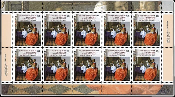 Vermeers Gemälde „Das Mädchen mit dem Weinglas“ kommt als Briefmarke auf den Markt. Abbildung: Deutsche Post