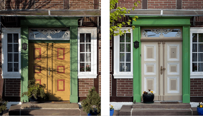 Vorher-Nachher Darstellung der Eingangstür des ehemaligen Wohnwirtschaftsgebäudes in Wenden, Hauptstraße 42. Screenshot/Foto: Heinz Kudalla/Stadt Braunschweig