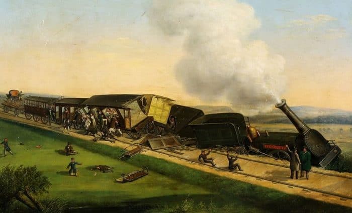 Die noch dampfende Lokomotive Hercynia ist entgleist. Bild eines unbekannten Malers. Archiv: IBR