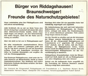 Die Zeitungsanzeige verdeutlicht die Motivation zur Gründung der Bürgerschaft Riddagshausen. Foto: Bürgerschaft