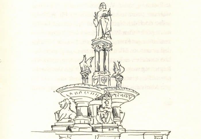 Rivalität zu Hannover als unendliche Geschichte Heinrichs-Brunnen auf dem Hagenmarkt, gezeichnet von Hans Wesker als Illustration für das Büchlein „“Gedanken über das Braunschweigische“ von Prof. Dr. Werner Knopp. Foto: Der Löwe