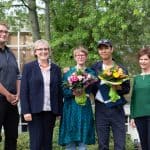 v.l.n.r.: Fabian Bruns (SBK, Presse- und Öffentlichkeitsarbeit), Brunhilde Frye-Grunwald (Stellvertretende Direktorin der SBK), Miriam Laage und One-Seok Choi und HBK-Präsidentin Dorothea Hilliger. Foto: HBK/Gideon Hoja