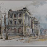 Düstere Stimmung: Günther Kaphammels Aquarell von der Schlossruine im Jahr 1953. Foto: Stiftung Prüsse / Andreas Greiner-Napp