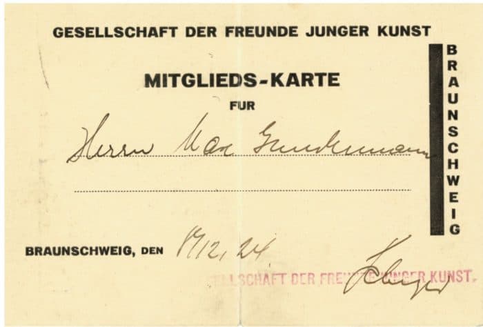 Foto: Mitgliedsausweis der „Gesellschaft der Freunde junger Kunst“ aus dem Jahr 1924. Foto: Schlossmuseum