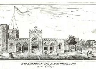 Braunschweigs erster Bahnhof 1838. Er wurde bereits 1845 durch den bekannten „Alten Bahnhof“, der ebenfalls von Ottmer stammt, ersetzt. Kupferstich von 1838. Foto: wikimedia