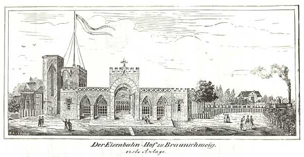 Braunschweigs erster Bahnhof 1838. Er wurde bereits 1845 durch den bekannten „Alten Bahnhof“, der ebenfalls von Ottmer stammt, ersetzt. Kupferstich von 1838. Foto: wikimedia