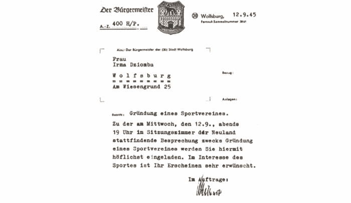 Mit diesem Brief wurde Irma Dziomba zur Gründung des VfL Wolfsburg eingeladen. Foto: VfL Wolfsburg