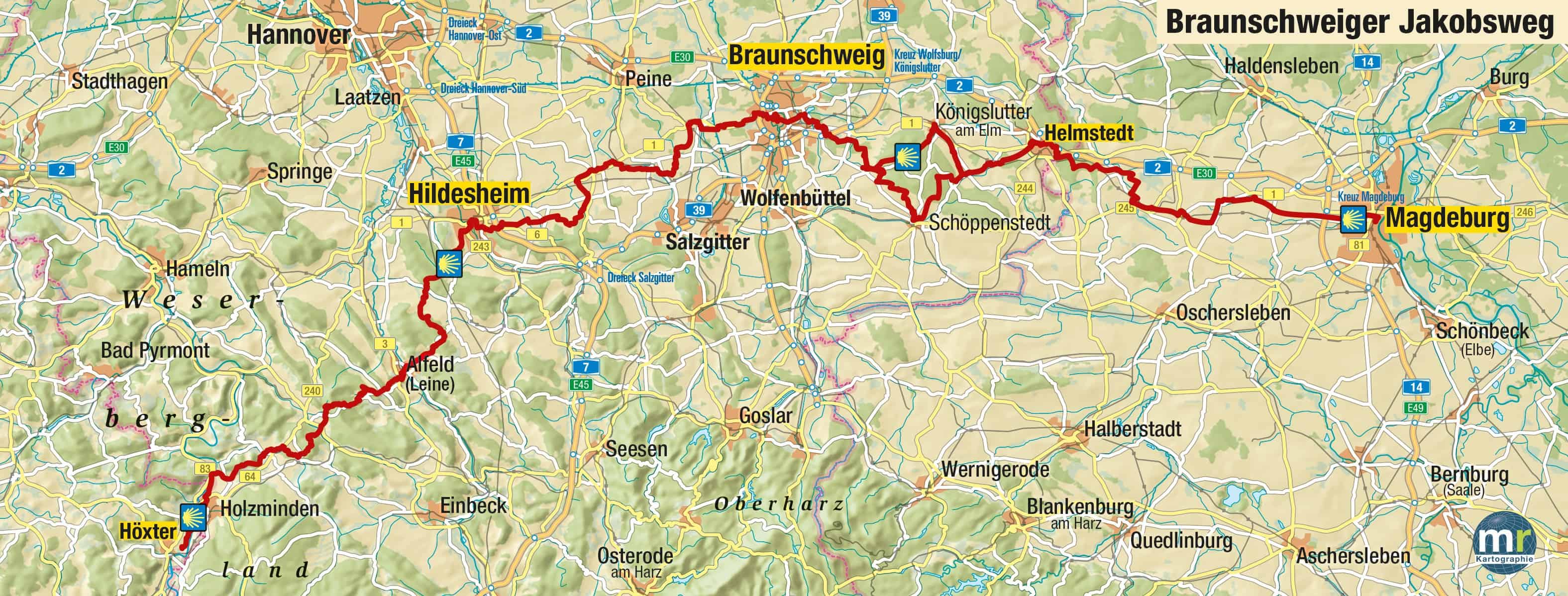 Die Route des Braunschweiger Jakobswegs von Magdeburg bis Höxter. Karte: Ev. Akademie Braunschweig