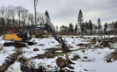 Bagger heben im SBK-Stiftungswald kleine Tümpel aus. Foto: NABU