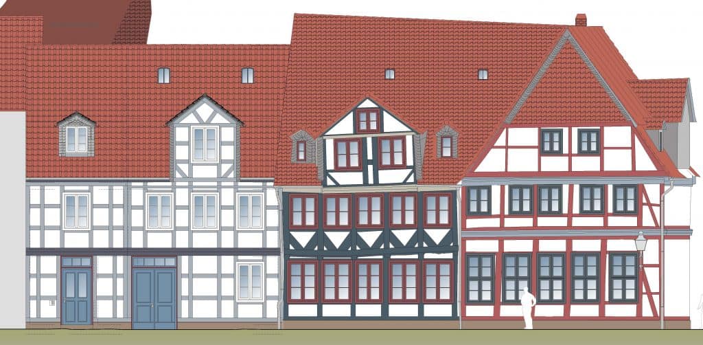 Ansicht der geplanten Sanierung Ölschlägern (rechts die Seite des Gebäudes Ackerhof 2). Illustration: Delta Bauplanung GmbH