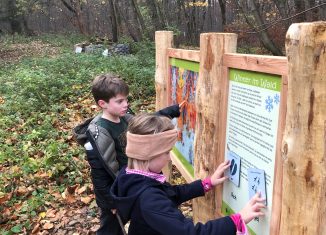 Anhand von Infotafeln mit großformatigen Wimmelbildern können Kinder die Natur erforschen. Foto: Naturpark Elm-Lappwald