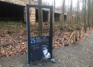 Beschädigte Informationsstele vor dem Schießstand in der Buchhorst. Foto: Der Löwe