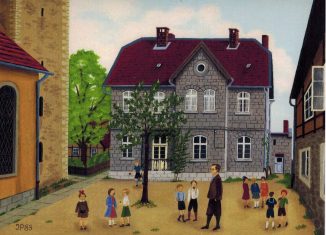 Pausenaufsicht vor der Schule 1936, Ölbild von Ingrid Pflaumann, 1983 (Titelbild „Dat Bormsche Lindenblatt“, 2021). Foto: Screenshot