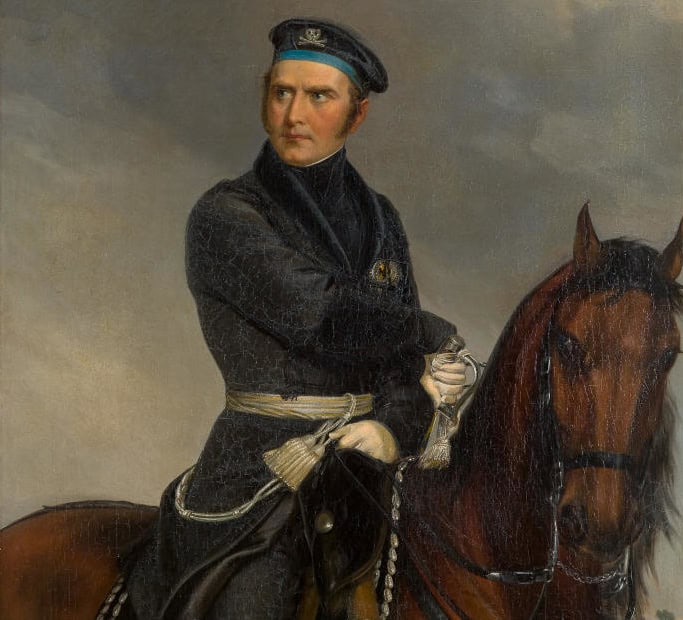 Der Schwarze Herzog Friedrich Wilhelm von Braunschweig-Oels – Fürst und Heerführer Schwarze Uniform, ernster Blick: Der "Schwarze Herzog verdankt seinen Beinamen seiner Uniform. Detail aus: Friedrich Wilhelm, der Schwarze Herzog, als Reiteroffizier, Friedrich Barthel, um 1840.