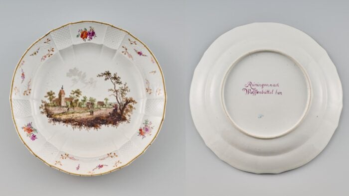 Teller mit dem Prospekt „Rüningen nach Wolfenbüttel hin“, Porzellanmanufaktur Fürstenberg, Pascha Weitsch, Fürstenberg, vor 1764, Braunschweig. Foto: Marc Stantien