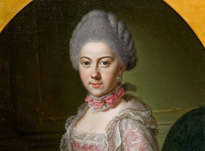 Barbara Rosina de Gasc, signiert: Herzogin Augusta Dorothea von Braunschweig-Wolfenbüttel, Öl auf Leinwand, um 1768. Detail.