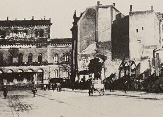 Steinweg mit Blick auf das zerstörte Staatstheater. Foto: aus Broschüre, der Gesellschaft der Staatstheaterfreunde (1998)