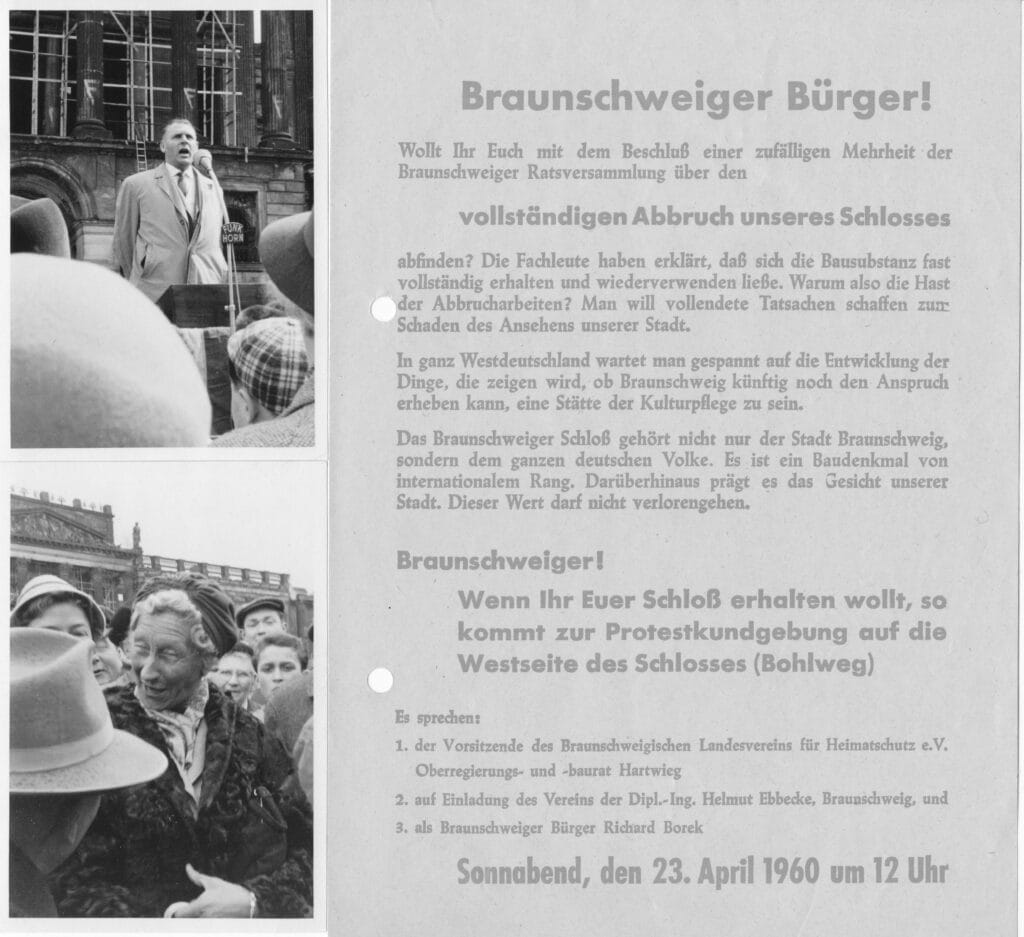 Flugblatt Richard Boreks zur Demonstration gegen den Schossabbruch am 23.April 1960; oben links: Borek vorm Schloss am Mikrofon; darunter: Die ehemalige Herzogin Victoria Luise in der Menschenmenge. 