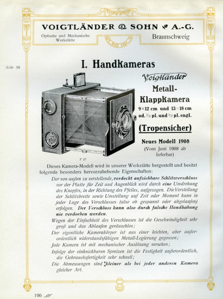 Voigtländer war international bekannt. Die Werbung der Firma wurde in verschiedene Sprachen wie Englisch, Französisch und Russisch übersetzt. Abgebildet ist eine Werbebroschüre der Voigtländer AG mit Anzeigen für tropensichere Kameras von 1904/05 (Stadtarchiv Braunschweig, GIX 45: 221 Bd. 3).