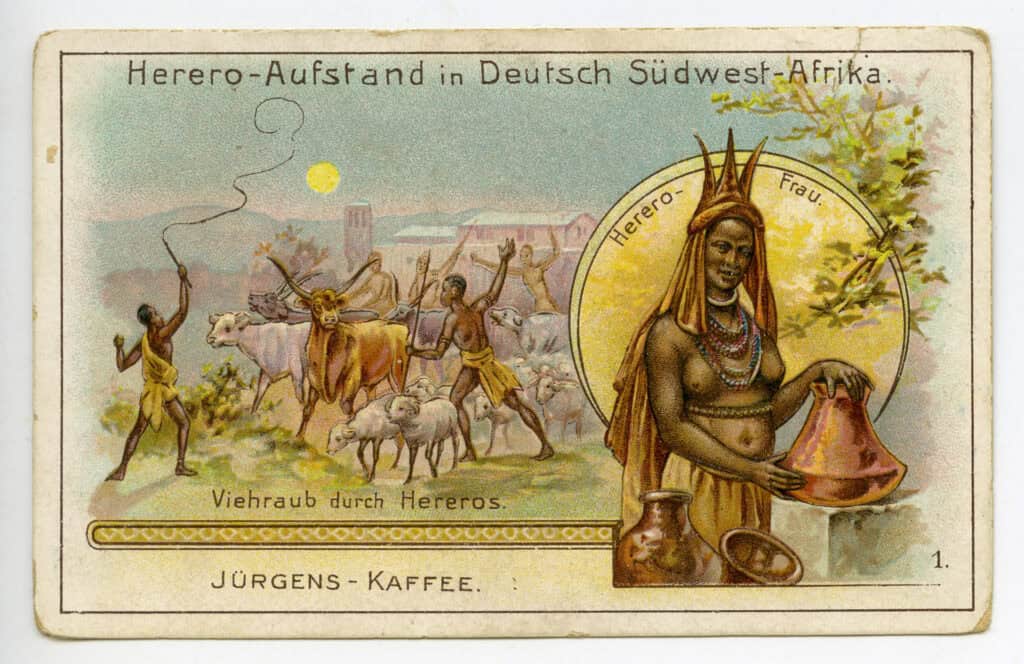 Sammelkarte der Kaffeerösterei Gebrüder Jürgens aus Braunschweig um 1900: „Viehraub durch Hereros“ aus der Reihe „Herero-Aufstand in Deutsch Südwest-Afrika“. (Stadtarchiv Braunschweig, H III 5: 197 Akz. 2022/087)