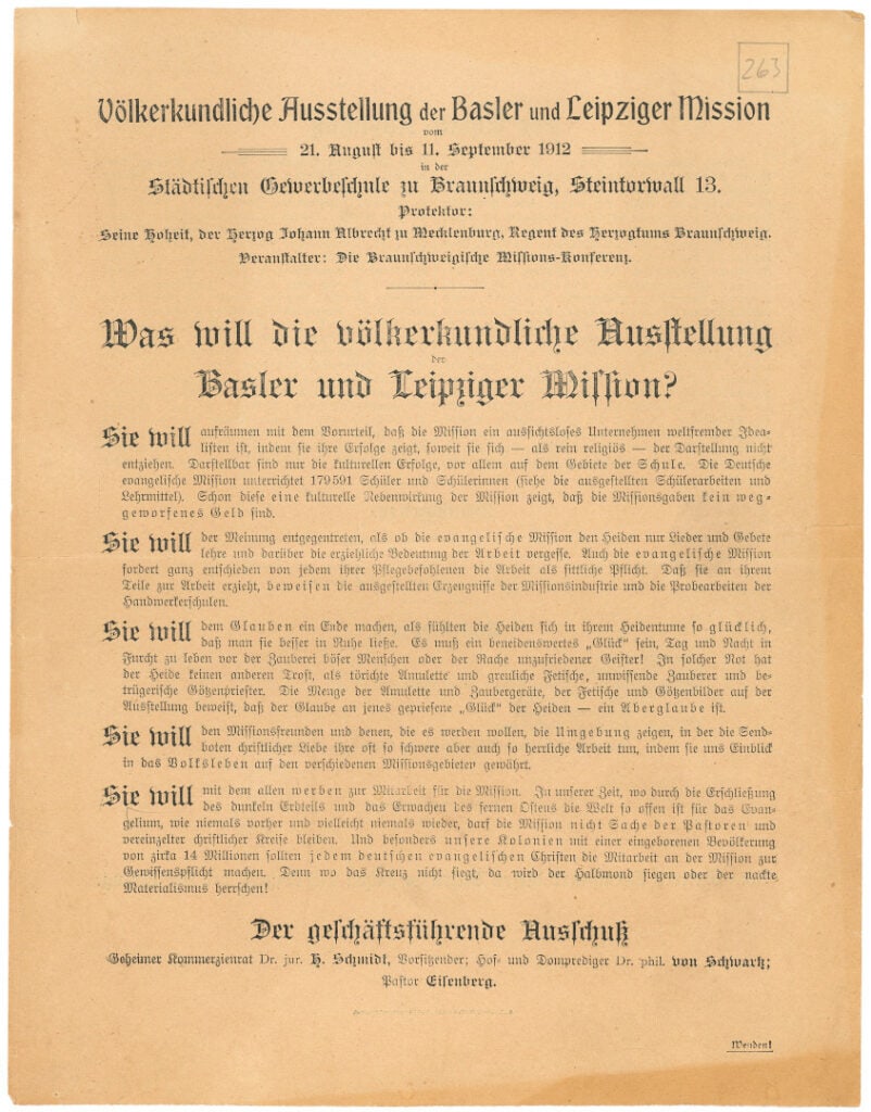 „Denn wo das Kreuz nicht siegt, da wird der Halbmond siegen oder der nackte Materialismus herrschen!“ Flugblatt zur völkerkundlichen Ausstellung 1912. Landeskirchliches Archiv Wolfenbüttel, Pa BlB 174.