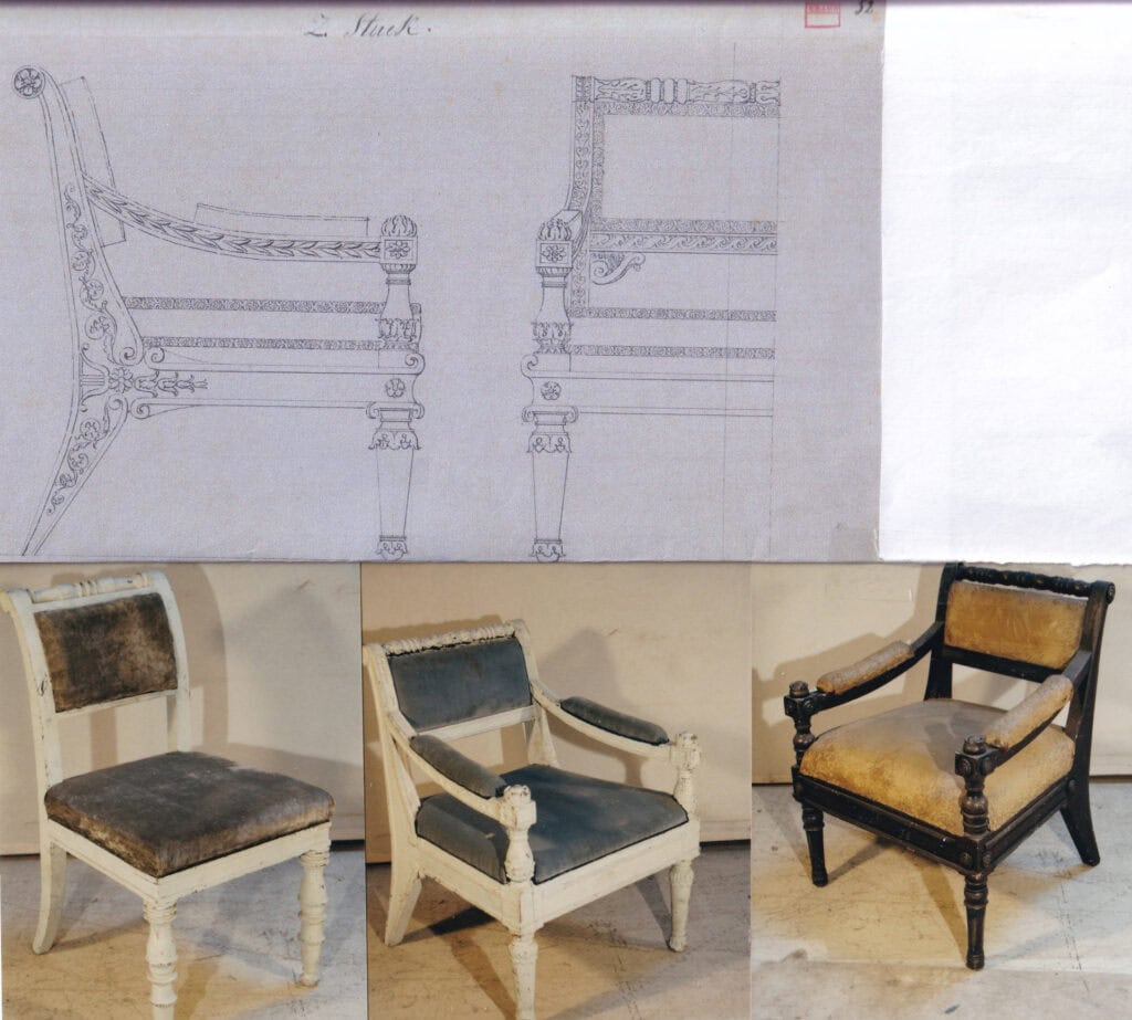 Entwurf zweier erhaltener Sessel für die königliche Winterresidenz Grauer Hof, Braunschweig, Peter Joseph Krahe, um 1808. (Entwurfsblatt Städtisches Museum Braunschweig; Möbel im Braunschweigischen Landesmuseum).