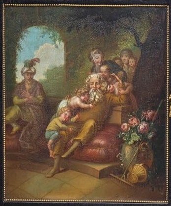 Stobwasser-Schreibkommode, Detail: Eine idyllische Familienszene.