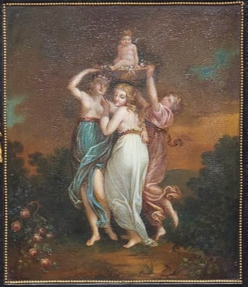 Stobwasser-Schreibkommode, Detail: Die drei Grazien und Amor.