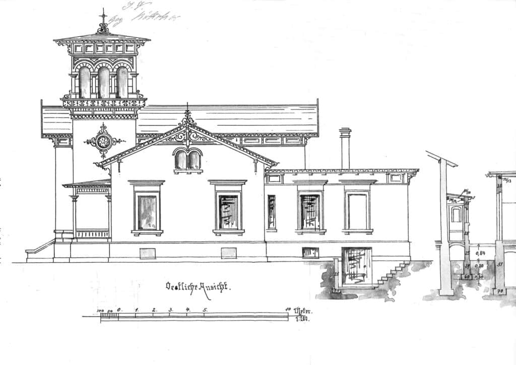Zeichnung der Ostseite des Gebäudes aus dem Bauantrag. Foto: Archiv Löffelsend