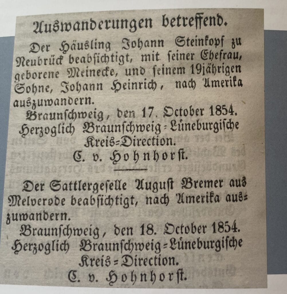Auswanderungsanzeige aus den Braunschweigischen Anzeigen, 1857. Foto: Stadtarchiv