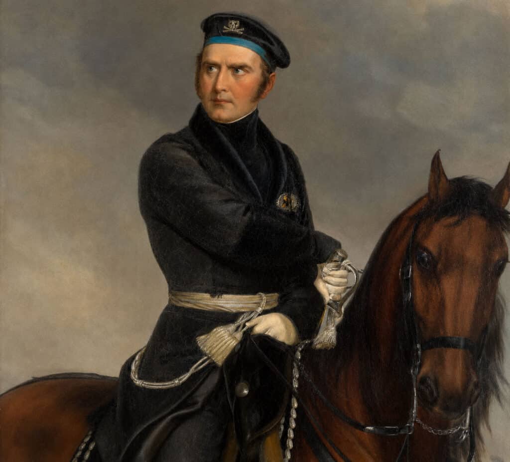 Schwarze Uniform, ernster Blick: Der „Schwarze Herzog“ verdankt seinen Beinamen seiner Uniform. Detail aus: Friedrich Wilhelm, der Schwarze Herzog, als Reiteroffizier, Friedrich Barthel, um 1840.